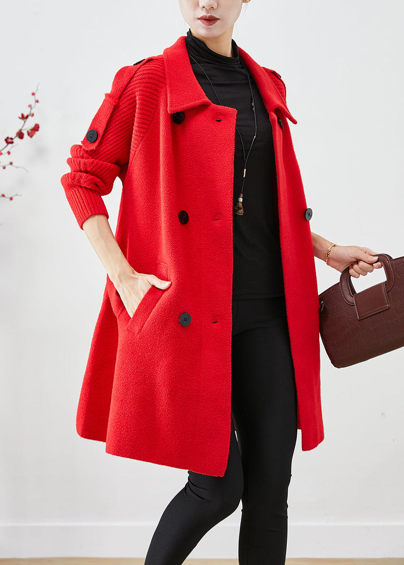 Red Oversized Knit Patchwork Woolen Coat Fall