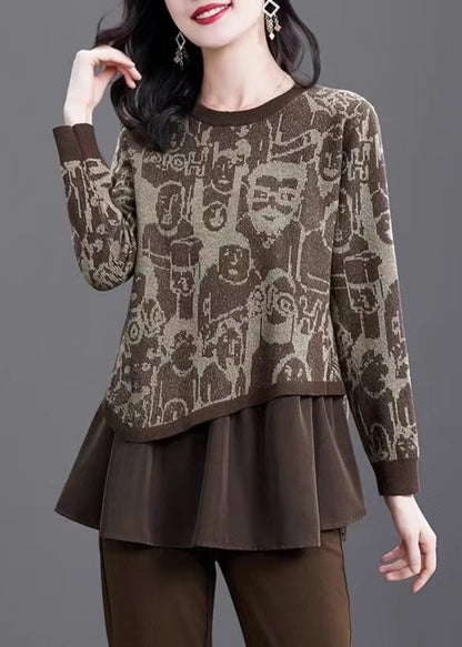 Print Fake Two Pieces Cotton Knit Sweater Winter