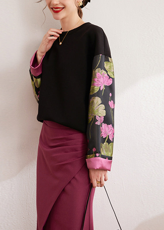 Black O-neck Print Silk Cotton Pullover Fall
