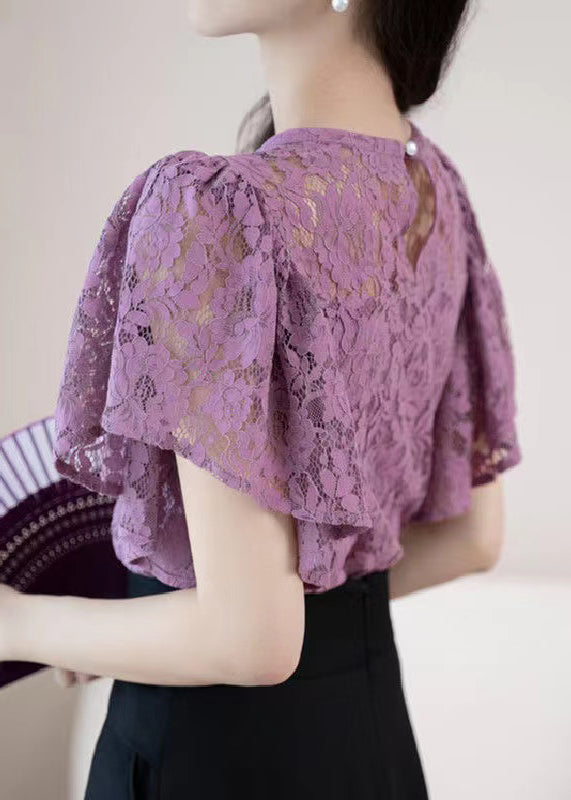 New Purple O-neck Hollow Out Lace Shirt Summer