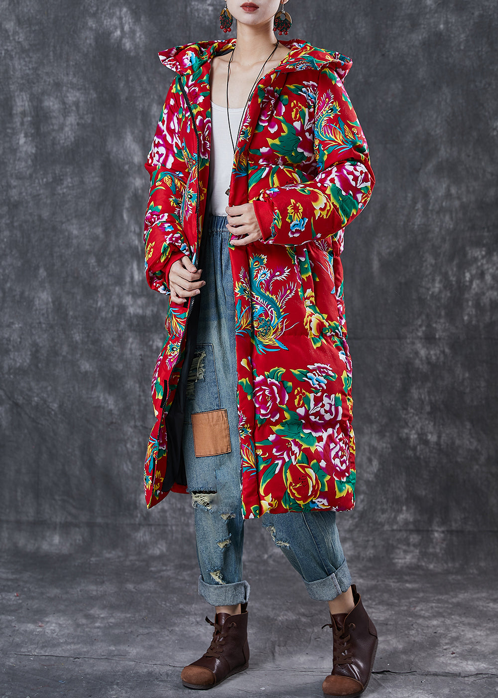 Art Red Hooded Print Fine Cotton Filled Witner Jacket Winter