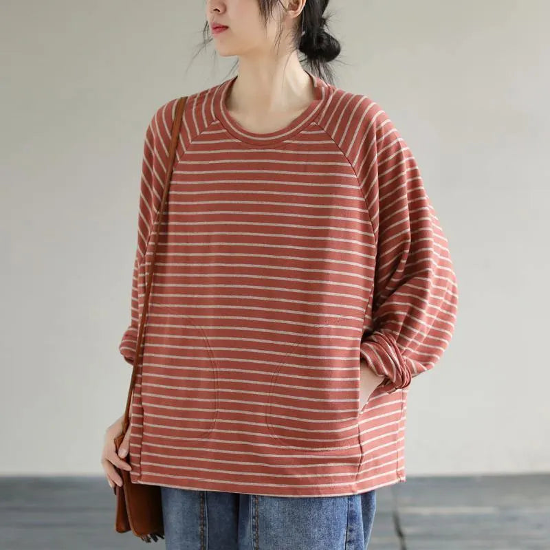 Diy Red Cotton Crane Tops Striped Cotton Spring Sweatshirt