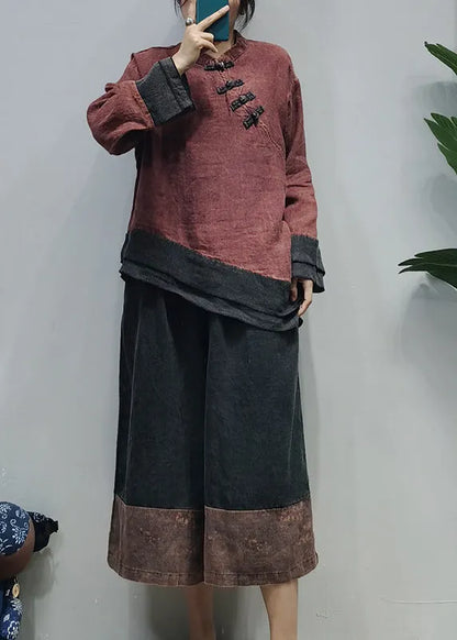 Style Red Stand Collar Asymmetrical Patchwork Linen Shirt Top Long Sleeve