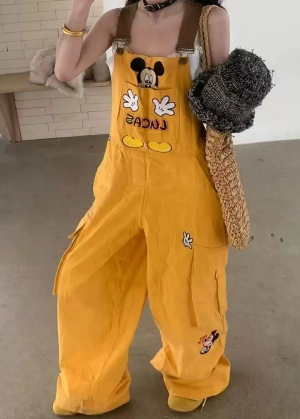 Yellow Embroidered Denim Overalls Jumpsuit Fall