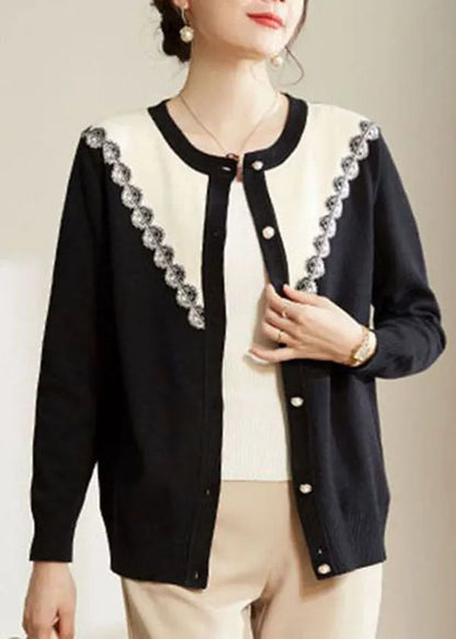 French Black O-neck Patchwork Button Knit Coats Long Sleeve