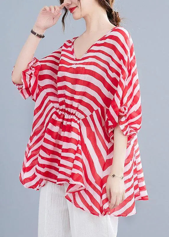 Red Print Wrinkled Summer Half Sleeve Shirt Top