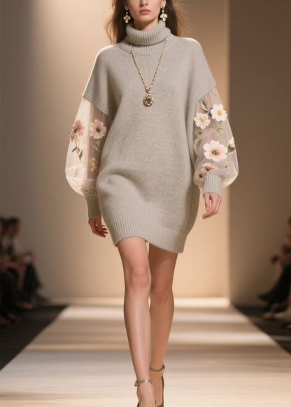 Hign Neck Tulle Patchwork Knit Sweater Dress Winter