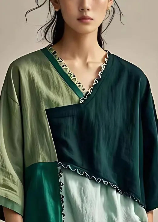 French Colorblock Ruffled Patchwork Linen Tops Half Sleeve