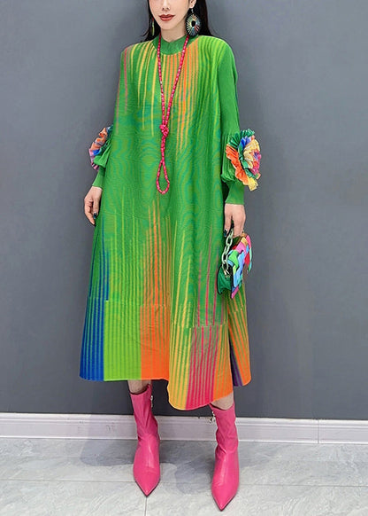 Green O Neck Decorated Cotton Dress Spring