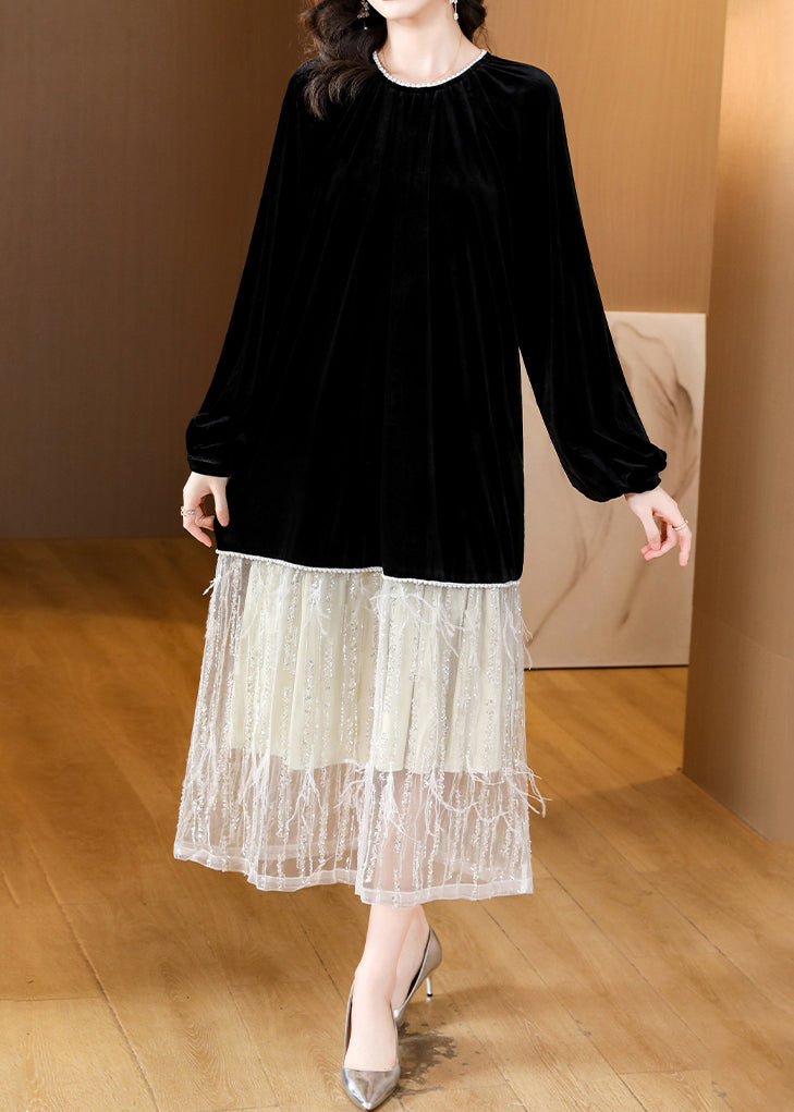 Loose Black Pearl Pockets Patchwork Silk Velour Dresses Spring