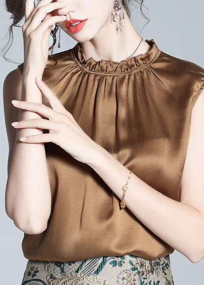 Handmade Coffee Stand Collar Silk Tops Summer
