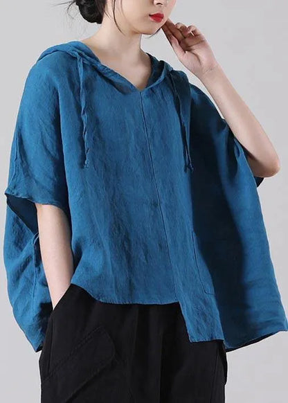 Stylish Blue Asymmetrical Design Cotton Linen Shirt Summer