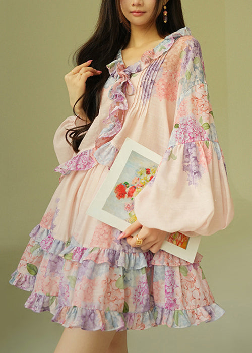 Loose Pink Ruffled Print Shirts and Skirts Cotton Two Piece Set Puff Sleeve