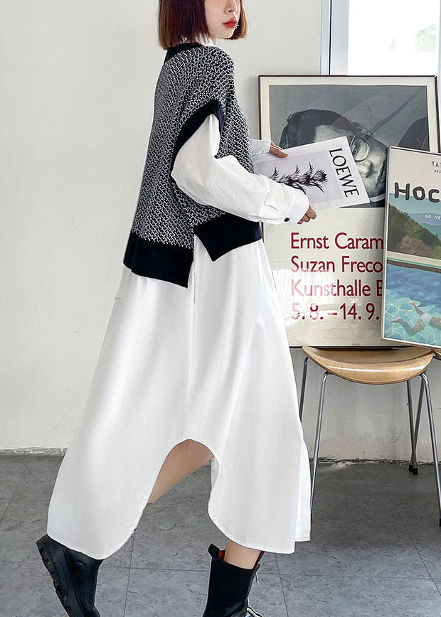 Style Black Patchwork White Button Loose Fall Dresses Long Sleeve