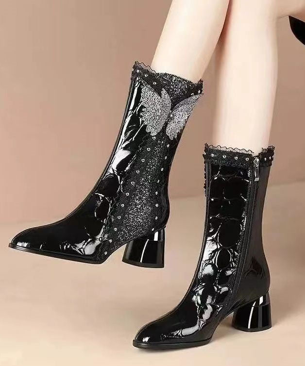 Lace Zircon Splicing Warm Fleece Boots Black Faux Leather