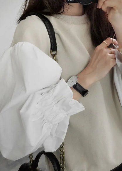 Classy Khaki O Neck Patchwork Cotton Blouses Spring