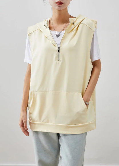 Beige Hooded Pockets Cotton Vest Fall