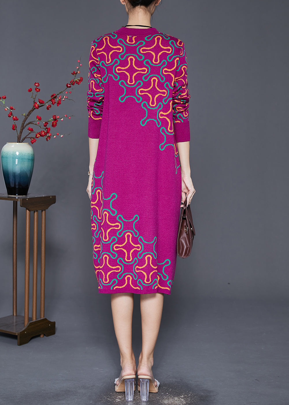 Rose Print Complimentary Scarf Knit Long Knit Dress Fall