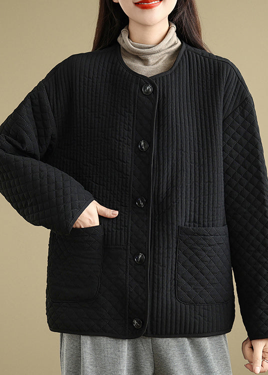 Black Pockets Button Fine Cotton Filled Coat O Neck Spring