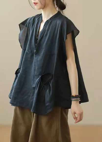 Black V Neck Patchwork Fall Shirt Top Short Sleeve