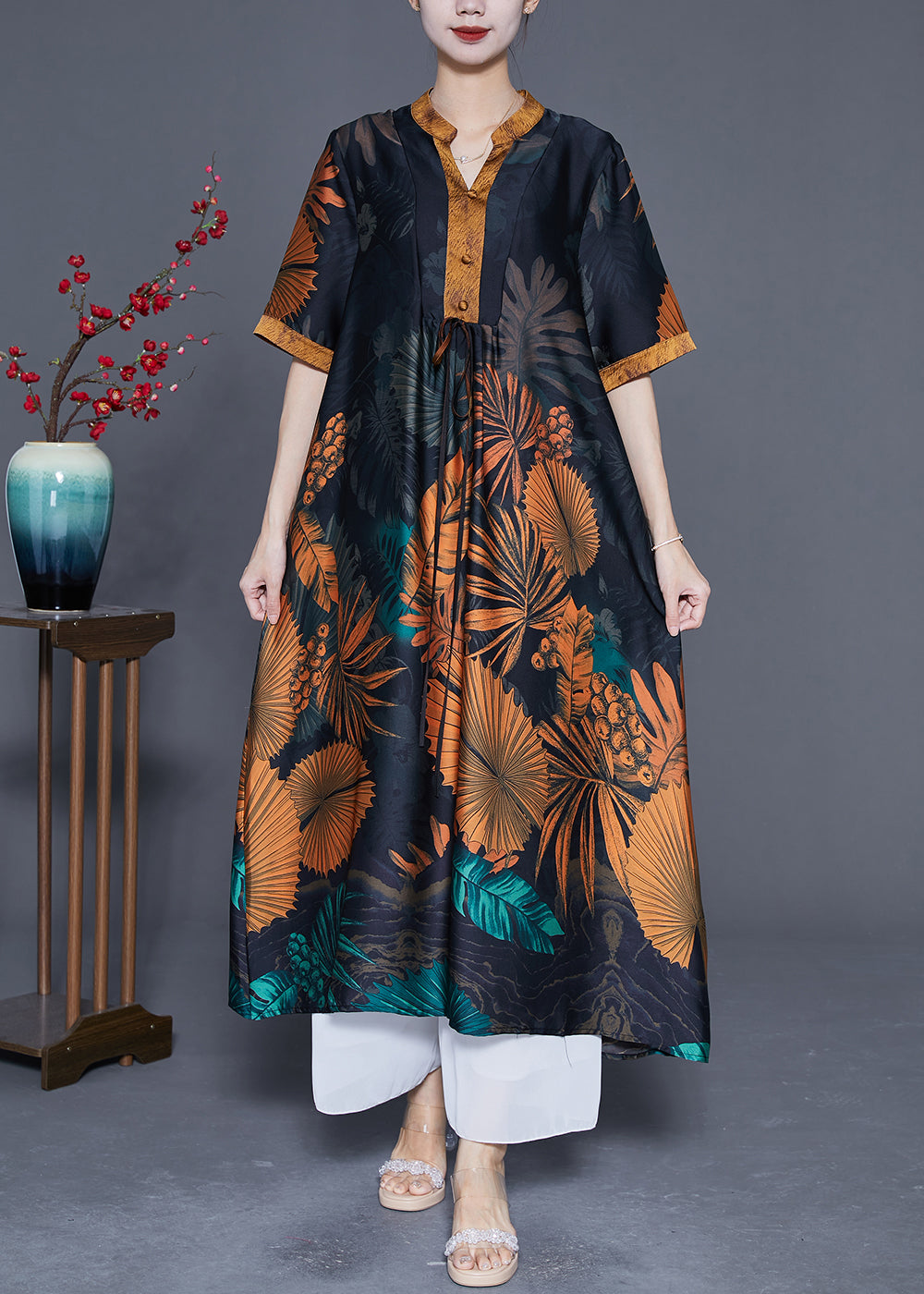 Black V Neck Print Silk Long Dress Summer