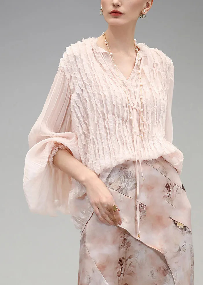 Pink V Neck Wrinkled Chiffon Tops Fall