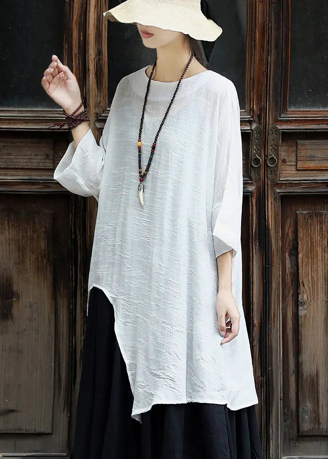 Original White Asymmetrical Design Cotton Top Three Quarter Sleeve