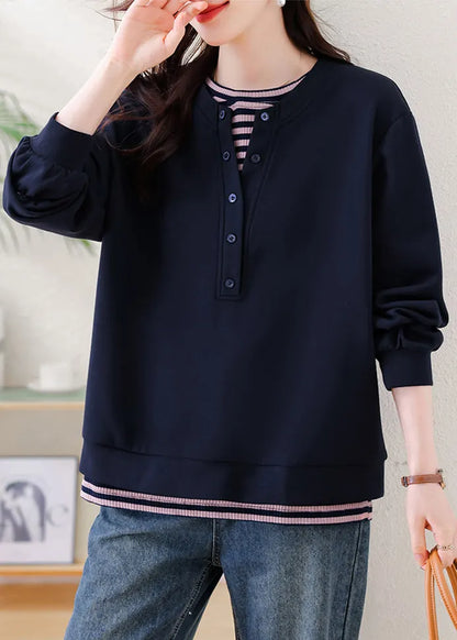 Navy Oversized Patchwork Cotton Sweatshirt Fall