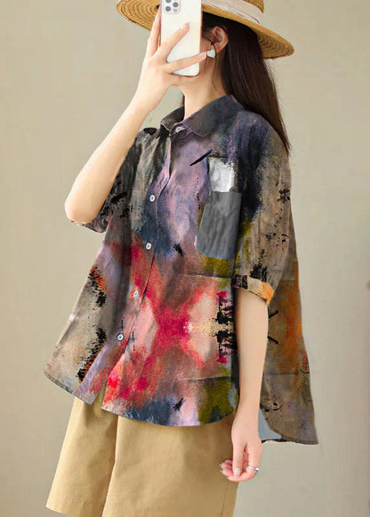 Yellow Stripes Peter Pan Collar Print Cotton Shirt Tops Summer