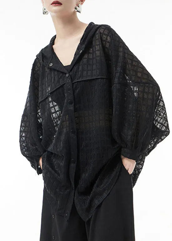Loose Black Hollow Out Hooded Tulle Blouse Tops Batwing Sleeve