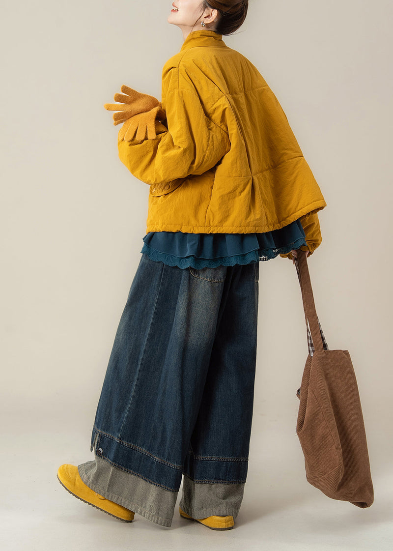 Japanese Yellow Stand Collar Fine Cotton Filled Jacket T Shirt and Wide Leg Pants Set