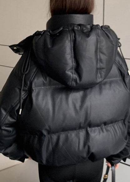 Mulberry Hooded Drawstring Faux Leather Duck Down Jackets Winter