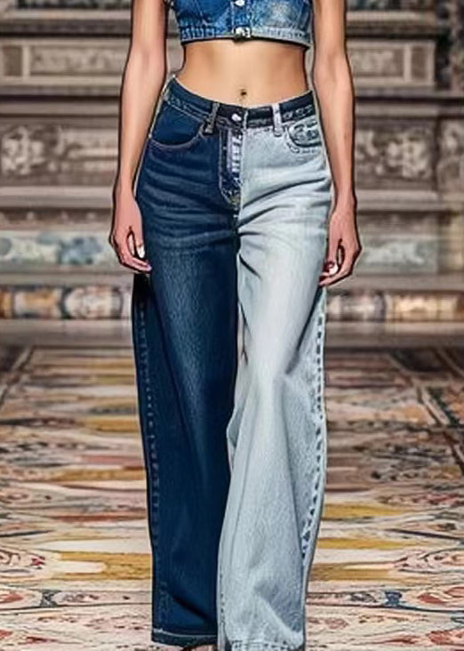 Colorblock Asymmetrical Pockets High Waist Denim Crop Pants Summer