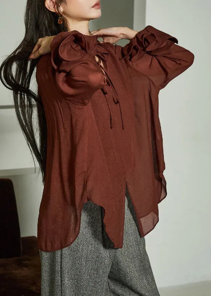 Coffee Ruffled Lace Up Silk Cotton Shirts Fall