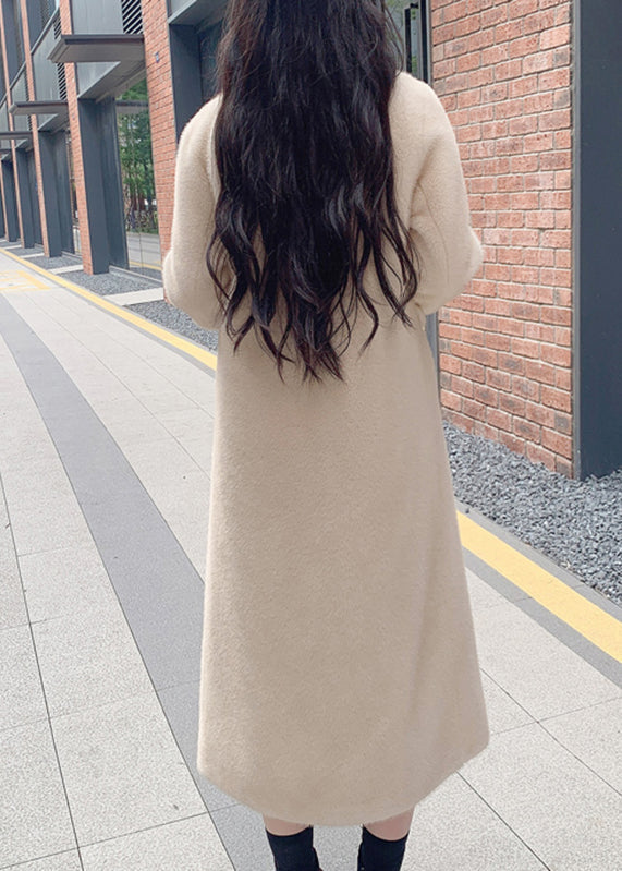 Beige Notched Button Thick Leather and Fur Long Coats Winter