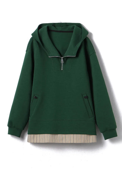 Green Zip Up Patchwork Hooded Cotton Pullover Fall