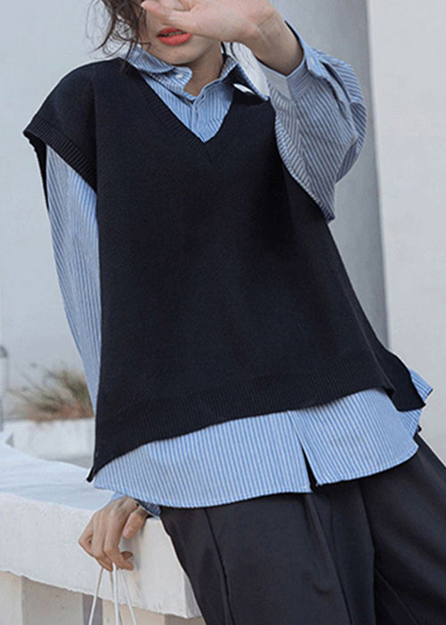 Loose Black Waistcoat and Blue Blouses Patchwork Two Pieces Set Fall
