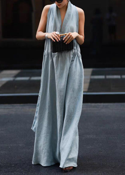 New Light Blue Pockets Tie Waist Linen Robe Dresses Sleeveless
