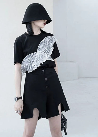 Unique Black O Neck Wing Embroideried Patchwork Cotton Tank Tops Summer