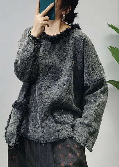 Unique Red O-neck Patchwork Linen Pullover Long Sleeve