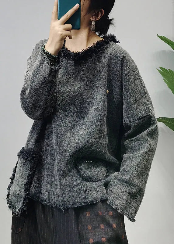 Unique Red O-neck Patchwork Linen Pullover Long Sleeve