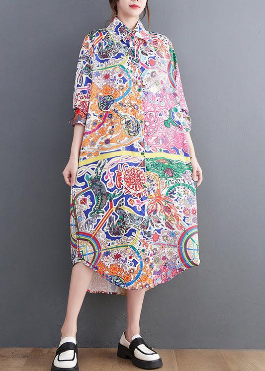 Peter Pan Collar Print Button Maxi Shirts Dresses Spring