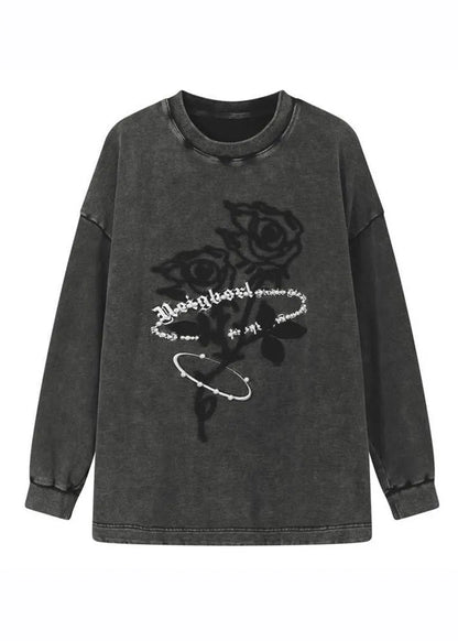 Dark Grey O-neck Rose Print Warm Fleece Pullover Long Sleeve