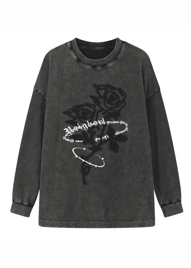Dark Grey O-neck Rose Print Warm Fleece Pullover Long Sleeve