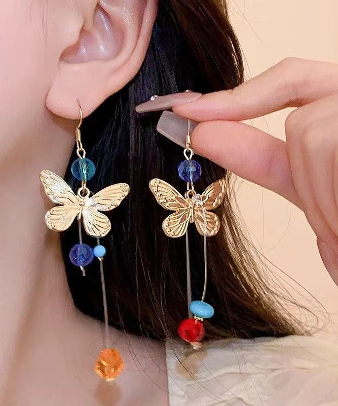 Colorblock Alloy Butterfly Beading Tassel Drop Earrings
