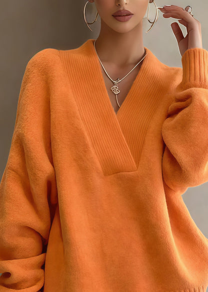 Orange Oversized Warm Knit Sweaters and Shorts Two Piece Set Spring