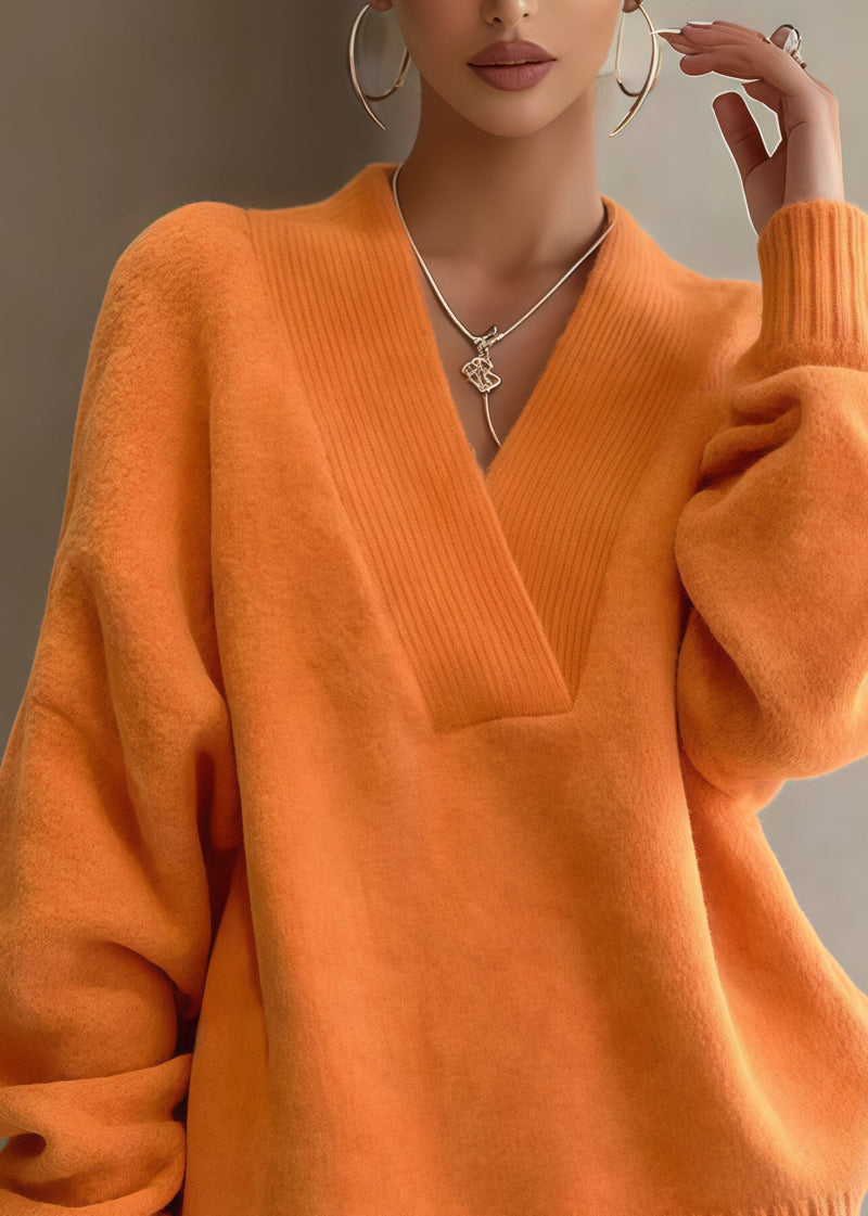 Orange Oversized Warm Knit Sweaters and Shorts Two Piece Set Spring