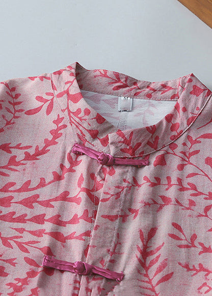 Pink Oversized Print Linen Oriental Dresss Spring