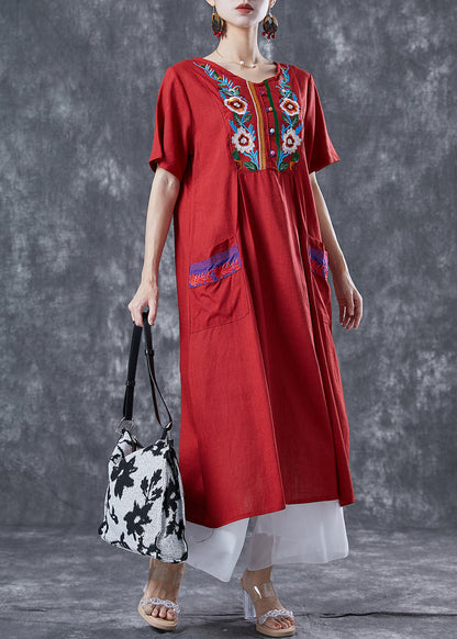 Red Embroideried Patchwork Linen Dress Summer