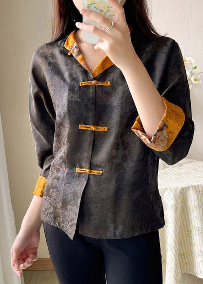 Stand Collar Print Button Side Open Silk Coat Long Sleeve